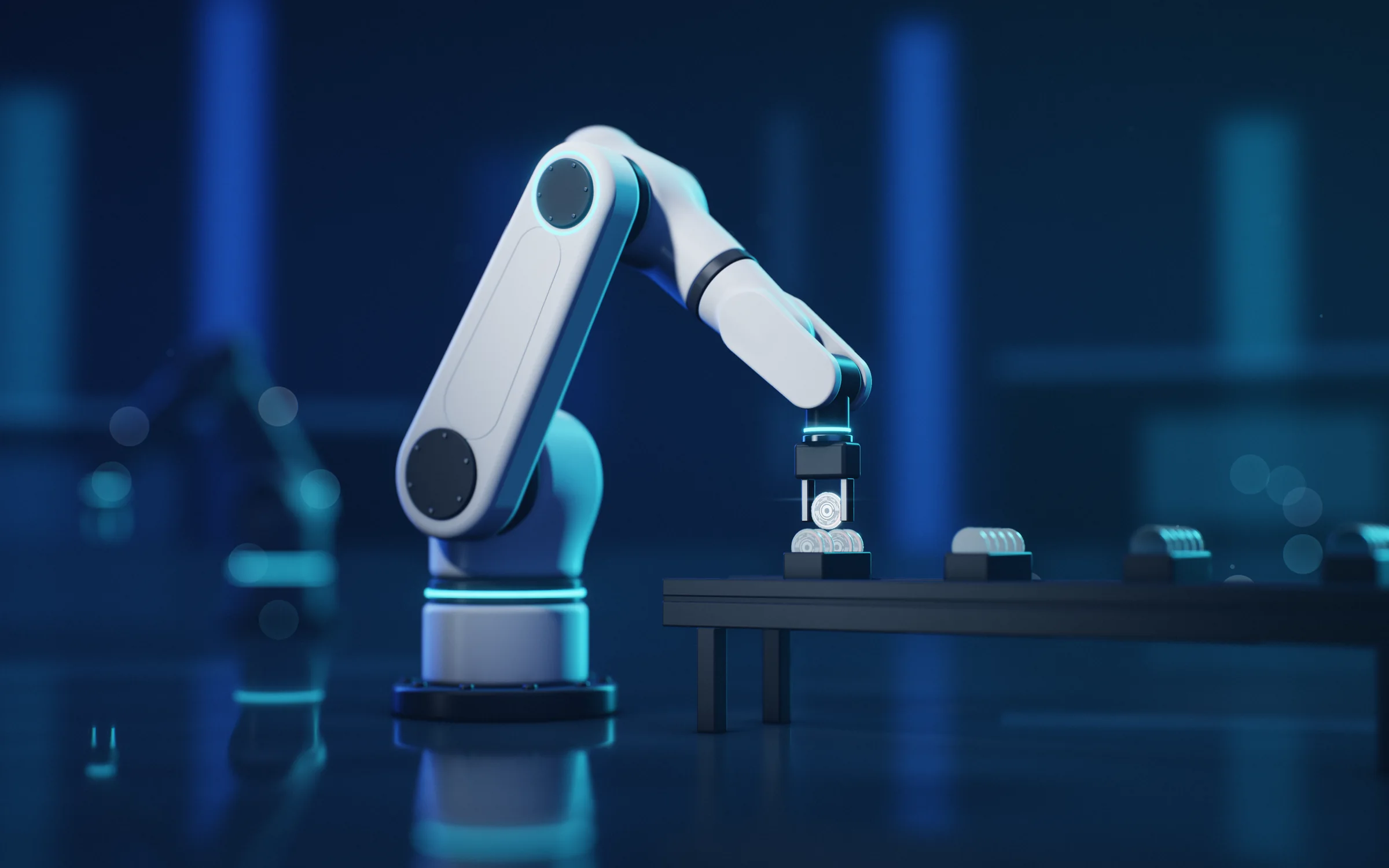 机器人在产线上精密抓取（AI 渲染示意）